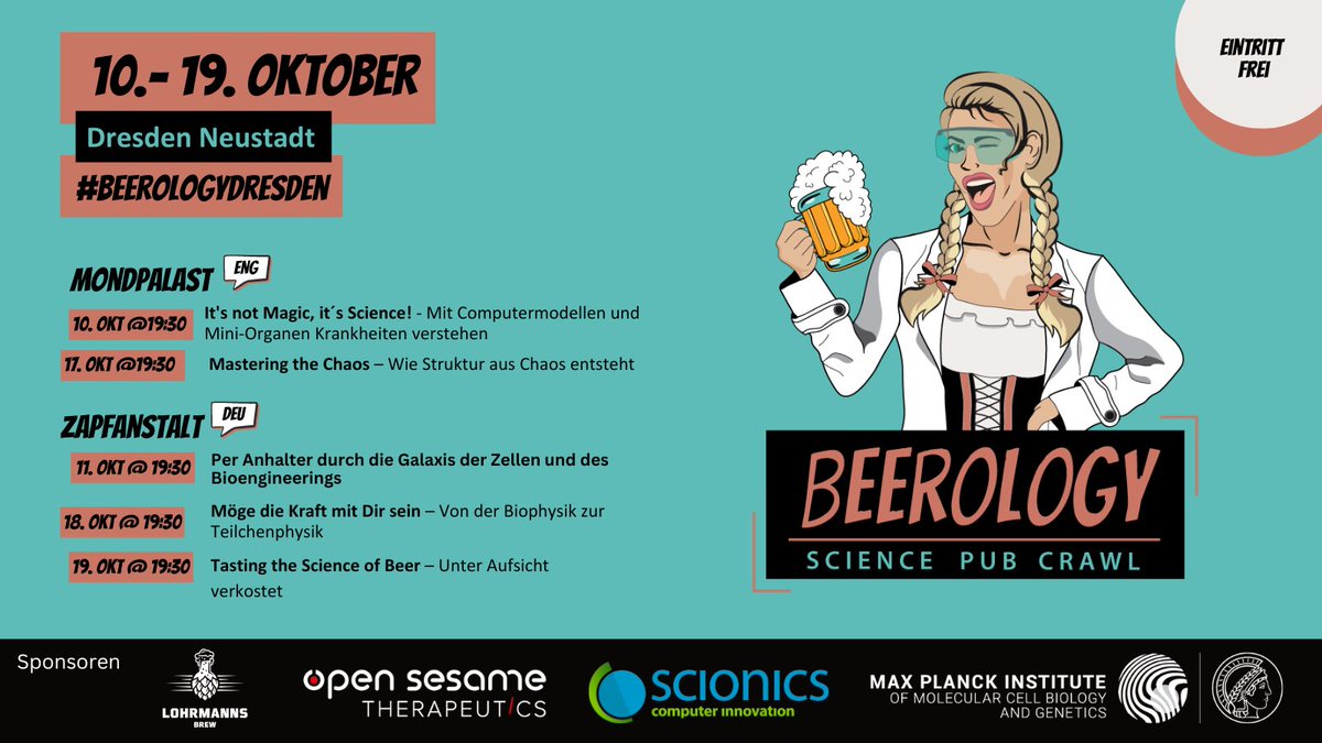 🍻 Aufgepasst! Die erste Ausgabe von #BeerologyDresden ist endlich da! Besucht uns im @mondpalasthosel & @zapfanstalt in der Neustadt, 10.-19. Okt., für Wissenschaft & Spaß! Eintritt frei. Genießt Bier und entdeckt die Wunder der Wissenschaft!