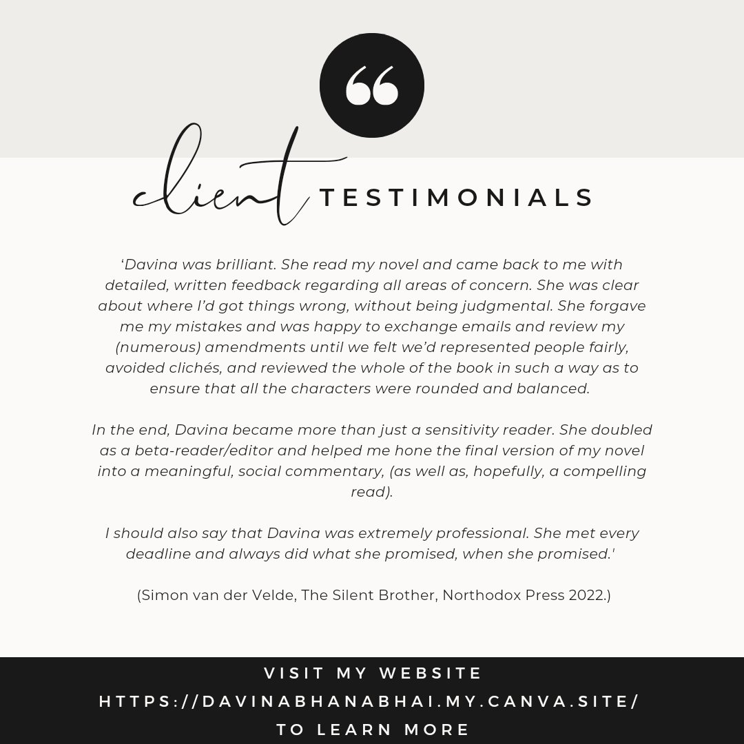 davinabhanabhai's tweet image. Testimonial Tuesday...

Need an #authenticityreader or #sensitivityreader to help with your book? 

DM me or email davinabhanabhai@gmail.com to discuss how I can help your book be authentic &amp;amp; representative. 

#publishers #editors
#publishing #editing #authors #writers