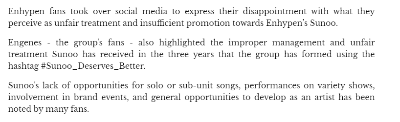 sunoofullife's tweet image. This article sums up everything
#Sunoo_Deserves_Better @BELIFTLAB 
Fans call out unfair treatment towards Enhypen’s Sunoo mb.com.ph/2023/9/12/fans… #manilabulletin via @manilabulletin