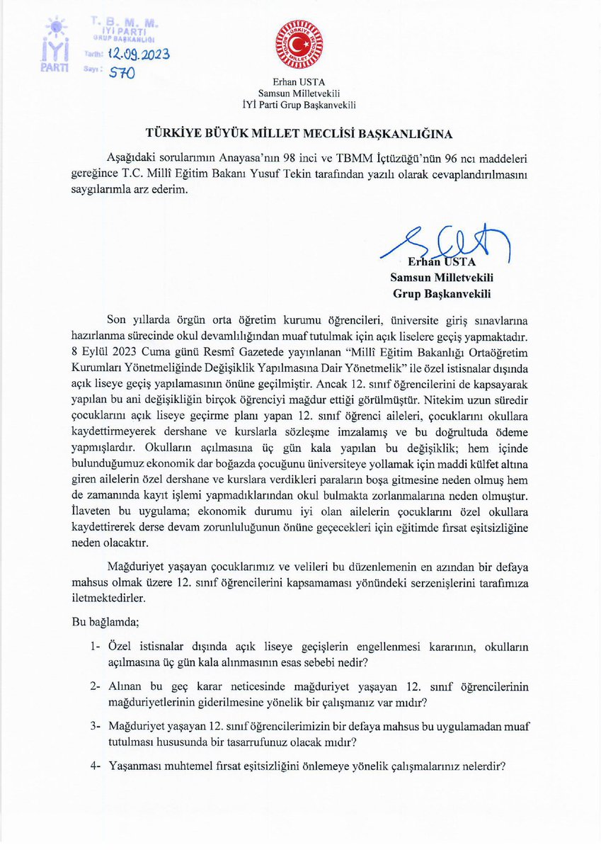 Milli Eğitim Bakanlığının, okulların açılmasına 3 gün kala yaptığı yönetmelik değişikliğiyle, #açıklise lere geçişin kısıtlanması kararı sonrası 12. sınıf öğrencileri çok ciddi bir mağduriyet yaşamıştır.

Verdiğimiz önergeyle bakan @Yusuf__Tekin'e sorduk: 

1- Özel istisnalar…