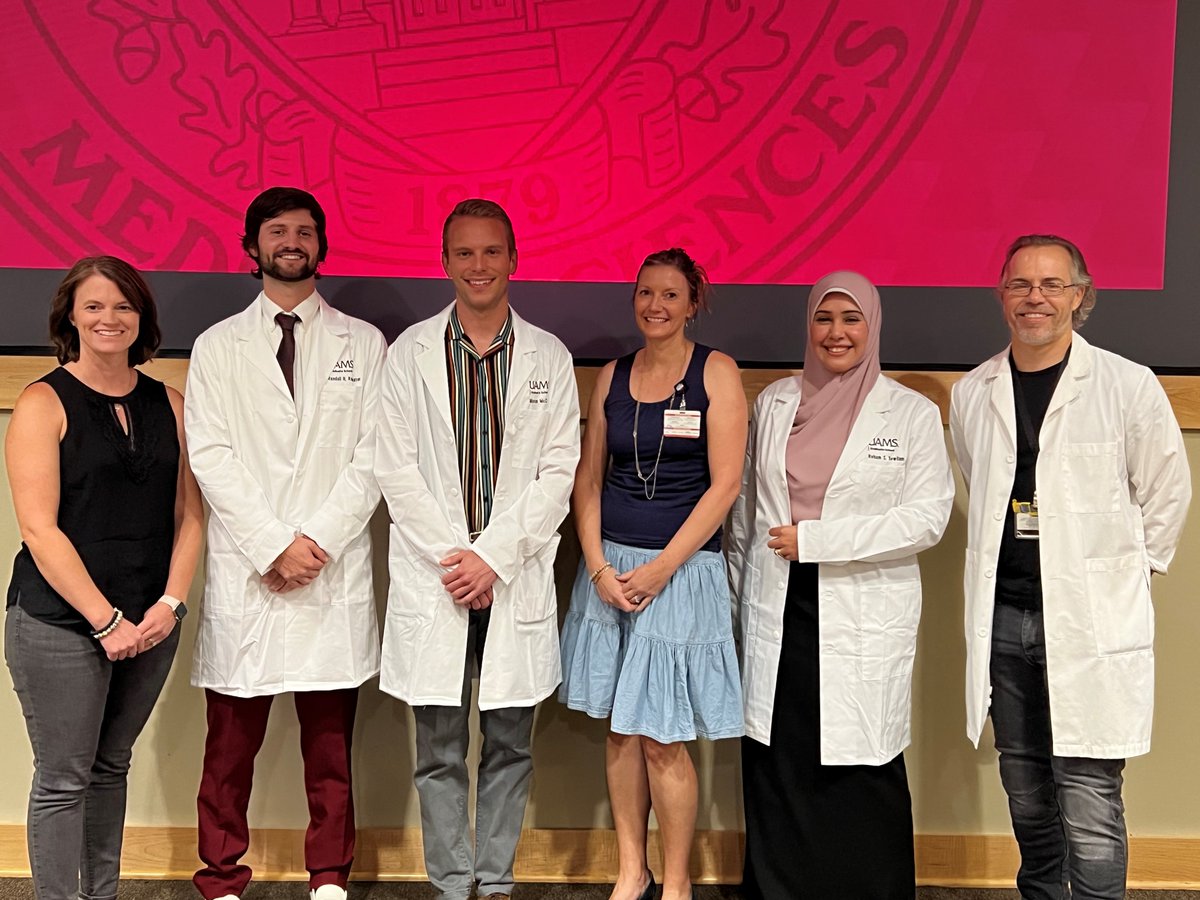 UAMS_Biochem's tweet photo. Congratulations to Randall Rainwater, Mason McCrury, and Reham Sewilam who received their white coats at the Graduate School Research Induction Ceremony. Randall, Mason, and Reham recently passed their candidacy exams.@uamshealth @UAMSGradSchool @uamscancer https://t.co/zYXgCLgV6o