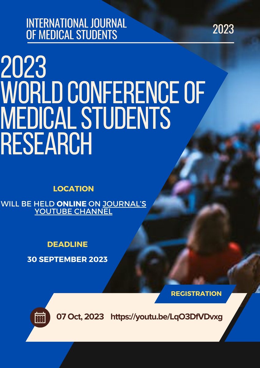 International Journal of Medical Students (@theijms) on Twitter photo HURRY UP!!!!!
DEADLINE FOR ARTICLE SUBMISSION: 30th September 2023.
Register now: lnkd.in/etZuUTY6 for the World Conference of Medical Student Research and see amazing research from student physicians and early-career physicians!
#Research #Publication #MedicalEducation HURRY UP!!!!!
DEADLINE FOR ARTICLE SUBMISSION: 30th September 2023.
Register now: lnkd.in/etZuUTY6 for the World Conference of Medical Student Research and see amazing research from student physicians and early-career physicians!
#Research #Publication #MedicalEducation