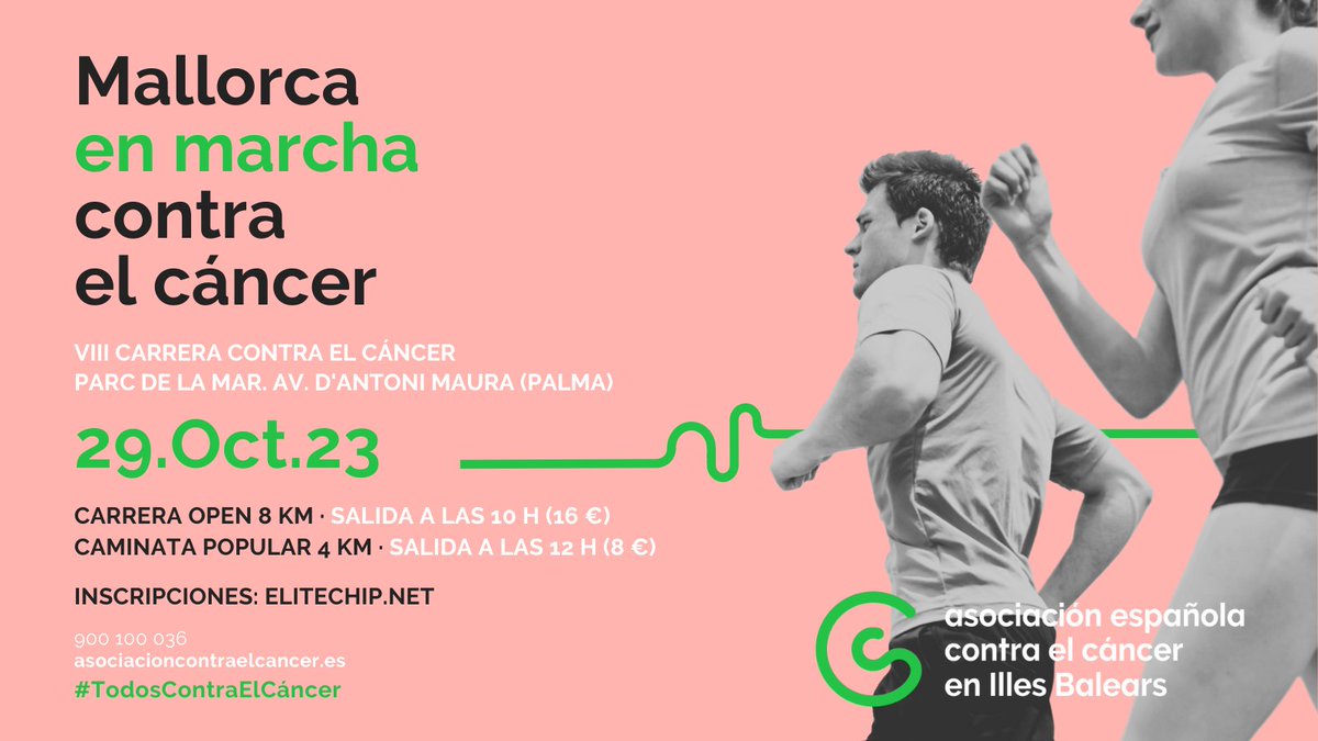 📢 Nueva edición #MALLORCAENMARCHA 📢

📆 #SAVETHEDATE 29/10/23 #PALMA (Av. Antoni Maura, junto al Parc de la Mar)

🏃🏻‍♀️ Carrera Open (8 km) | 10 h (16 €)
🚶🏿 Carrera Popular (4 km) | 12 h (8 €)

🔗 INSCRIPCIONES
elitechip.net/index.php?zwsh…

¡No os la perdáis! 😋

#TodosContraElCáncer
