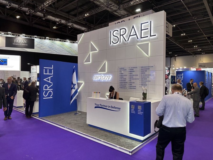 #Israel's Ministry of Defence has been welcomed to #London to flog its arms. 

Here's its stand inside the #DSEI23 #armsfair, which is sponsored by the #UK Ministry of Defence.  #WeaponsOfMassDestruction Fund Our Economy Not Arms dealers & manufacturers of wars & weapons.