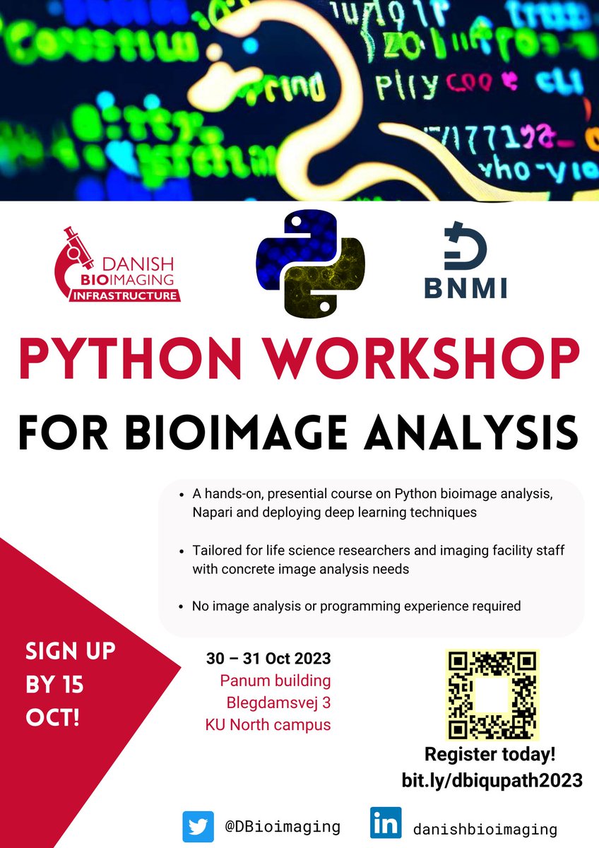 Danish BioImaging (DBI) (@dbioimaging) on Twitter photo Python for BioImage Analysis workshop! Registration open!
🔴 eventsignup.ku.dk/dbi-infra-pyth…
Sign up for this 2-days workshop organised by <a href="/DBioimaging/">Danish BioImaging (DBI)</a> Image Analysis Core Facility 30 and 31st October in Copenhagen. 25 seats available!.
It is for free, but you need to reserve your seat Python for BioImage Analysis workshop! Registration open!
🔴 eventsignup.ku.dk/dbi-infra-pyth…
Sign up for this 2-days workshop organised by <a href="/DBioimaging/">Danish BioImaging (DBI)</a> Image Analysis Core Facility 30 and 31st October in Copenhagen. 25 seats available!.
It is for free, but you need to reserve your seat