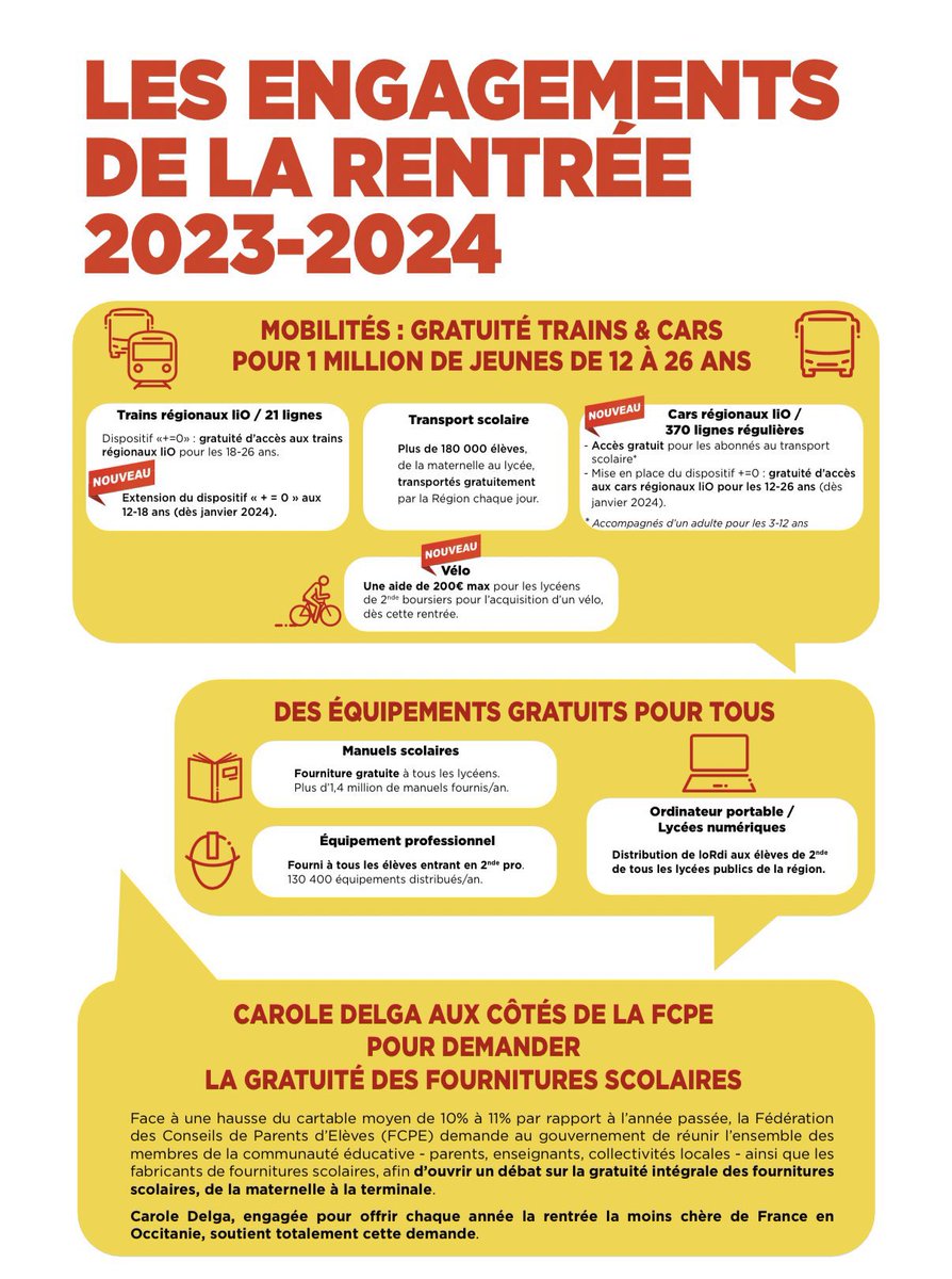 En #Occitanie, la #Région offre aux familles la rentrée la ➖chère de France avec :
🚍la gratuité des #transports 
📚la fourniture des manuels et d’un #ordi 💻
🚲 une aide pour l’achat d’un #vélo 

Pour que #rentrée rime avec #liberté de choisir son #avenir.

#ConfPresse