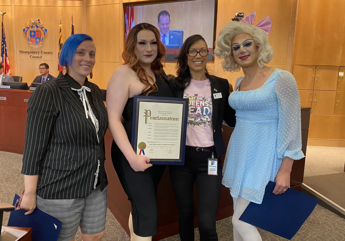 The Council led by <a href="/CMKristinMink/">Councilmember Kristin Mink</a> presents a proclamation to the Drag Story Hour DMV chapter in recognition of their work providing diverse, accessible, inclusive family programming by promoting literacy and exemplifying the joy of embracing our own and others’ authentic selves.