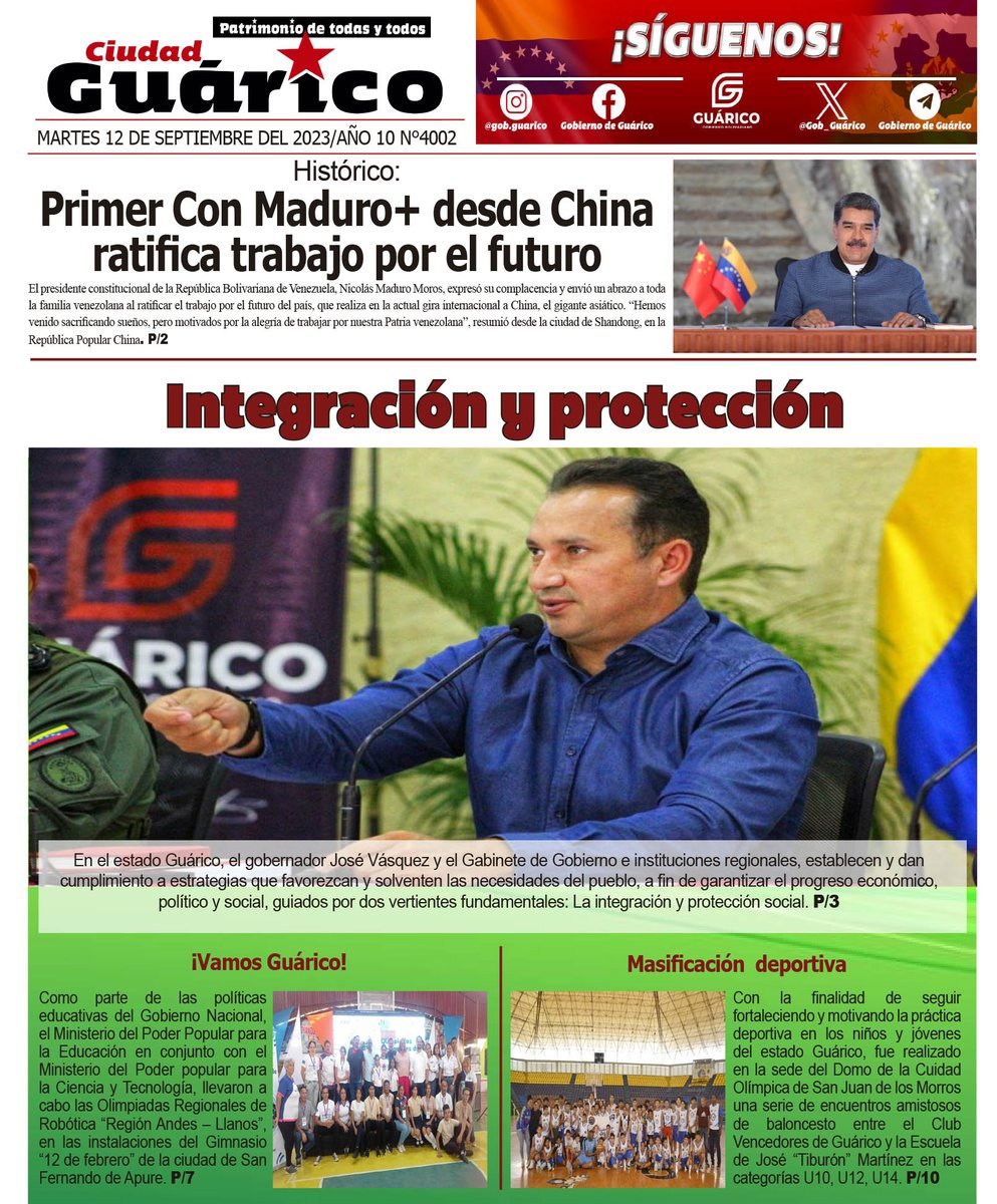 Recuerda visitar la página web🖥 del Gobierno de Guárico y no te pierdas tu #CiudadGRC.

📍Titulado de hoy, Martes #12Sep

Integración y Protección ✅

#Guárico
#MundoPluripolar
#GuáricoCreceYAvanza