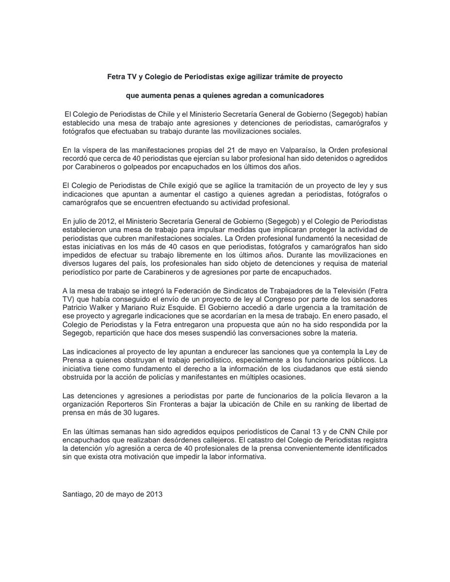 Hace 10 años impulsamos un trabajo conjunto para  modificar la ley d prensa, donde buscábamos la protección d la  integridad d los Trabajadores (as) d los Medios d Comunicación, No hubo ni ha habido interés político por avanzar en ello. Lamentamos hoy la repetición d estos hechos