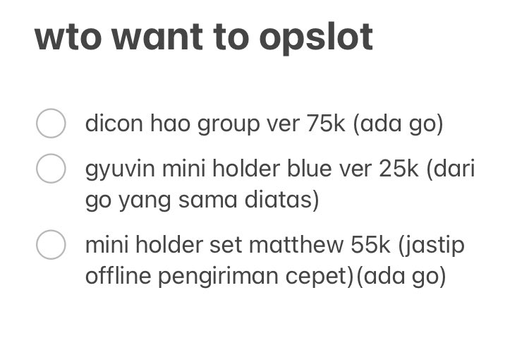 { help rt }

wto | want to oper slot

• dicon hao group ver 75k (ada go)
• gyuvin mini holder blue ver 25k (go yang sama)
• matthew mini holder set 55k 

t. wto wts want to operslot zerobaseone mini holder dicon pc