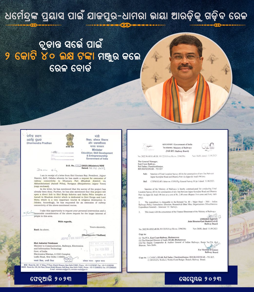 SmrutiPrabha199's tweet image. କେନ୍ଦ୍ର ମନ୍ତ୍ରୀ ଧର୍ମେନ୍ଦ୍ର ପ୍ରଧାନଙ୍କ ପ୍ରୟାସ ପାଇଁ ଯାଜପୁର-ଧାମରା ଭାୟା ଆରଡ଼ିକୁ ଗଡ଼ିବ ରେଳ 
#DharmendraPradhan #odisharail #jajpur