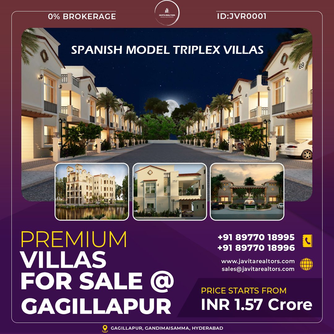 📷 #PREMIUMVILLAS FOR SALE @ #GAGILLAPUR 📷
Call+91 89770 18996 or +91 89770 18995
📷 #Prop ID: JVR0001
📷 #0Brokerage
Features:
📷 1.57 Crore
📷 70 Acres
📷 884 Villas
📷 World-Class #Amenities
📷 #HMDA & #RERAAPPROVED
📷 #BANKLOANFACILITY
📷 167 to 345 Sq Yards