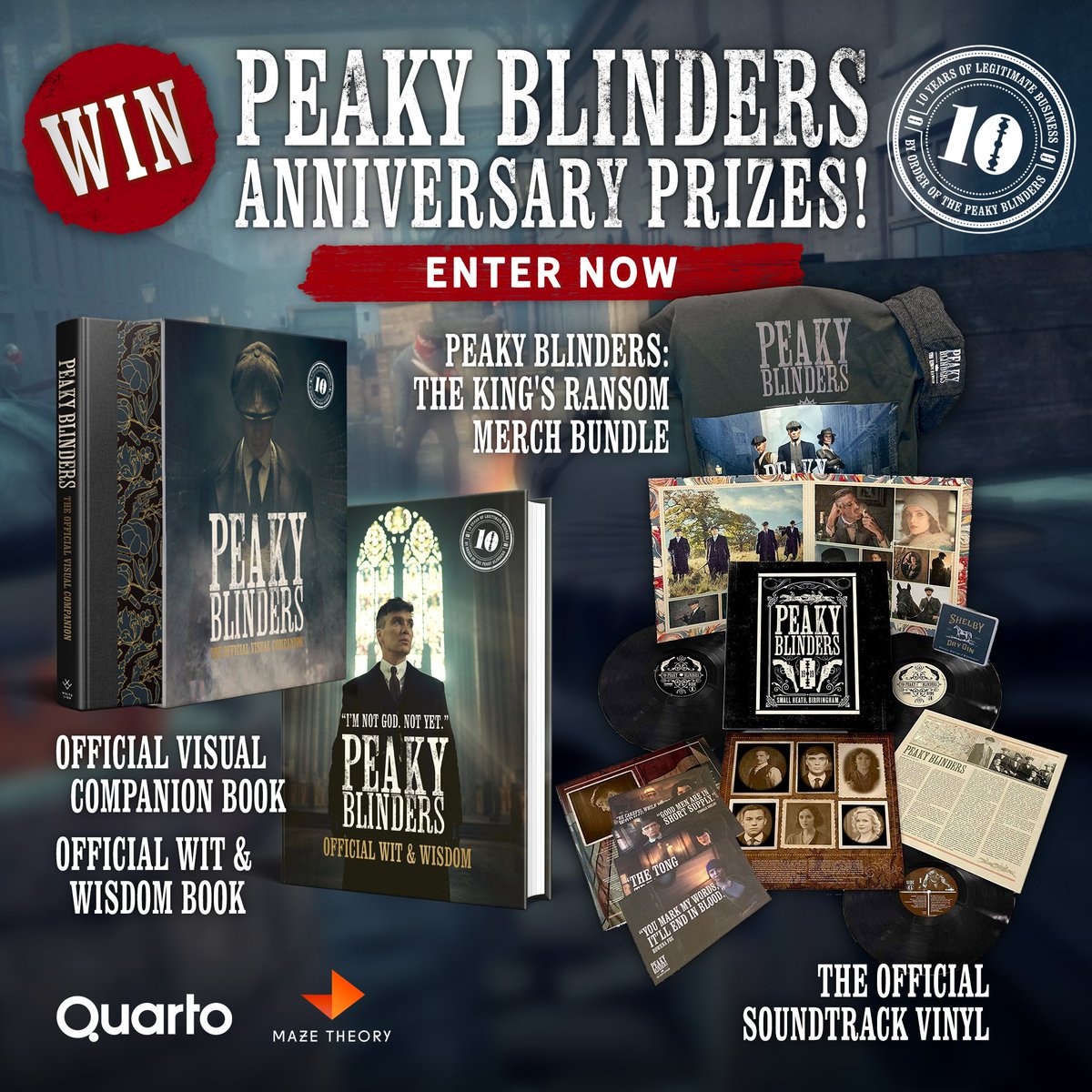 PeakyBlindersVR's tweet photo. To celebrate #PeakyBlinders10Years, @Maze_Theory & @QuartoBooksUS have teamed up to offer you the chance to win some special anniversary prizes!

https://t.co/eZ2wkAopZt

⬆️ Enter now and you could win a selection of official companion books, #PeakyBlindersVR merch and the official #PeakyBlinders soundtrack on vinyl!