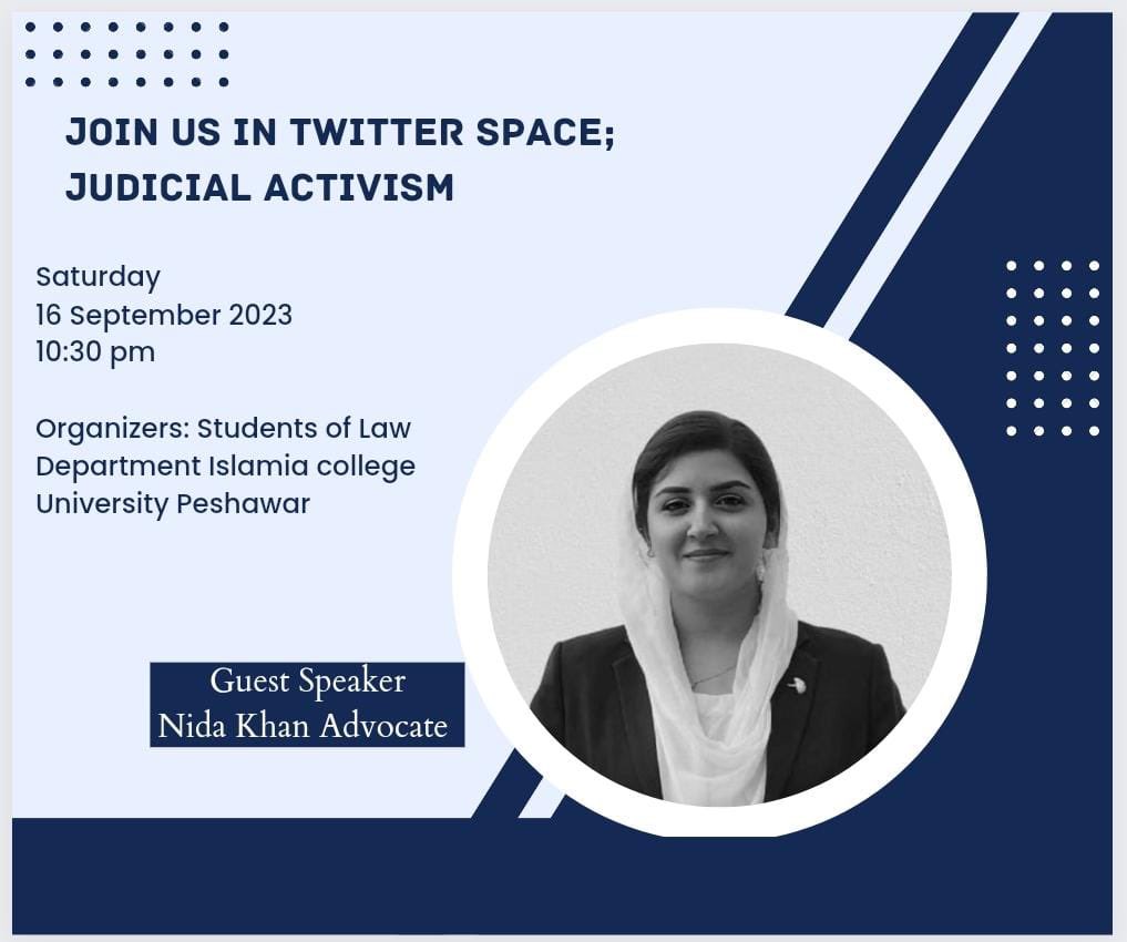 Let me introduce you to an upcoming twitter space,held on Saturday,16th Sept,2023.
We will  be joined by <a href="/NidaAdvocate/">Nida Khan</a> Ma’am;always stands against any odd happening around and here Ma’am will be the guest speaker on the topic 
“ Judicial Activism ”