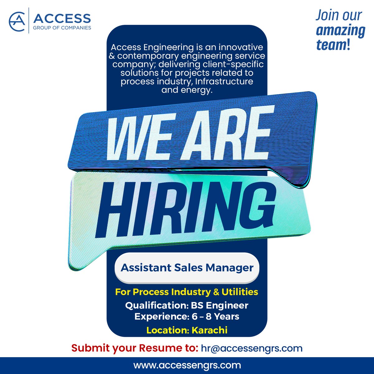 accessengrs's tweet photo. We are actively seeking a highly qualified candidate for the position of Assistant Sales Manager in the process industry and utilities sector at our Karachi Office. We are specifically looking for a BS Engineer with 6 to 8 years of relevant experience to join our team. https://t.co/OizpATmrxj