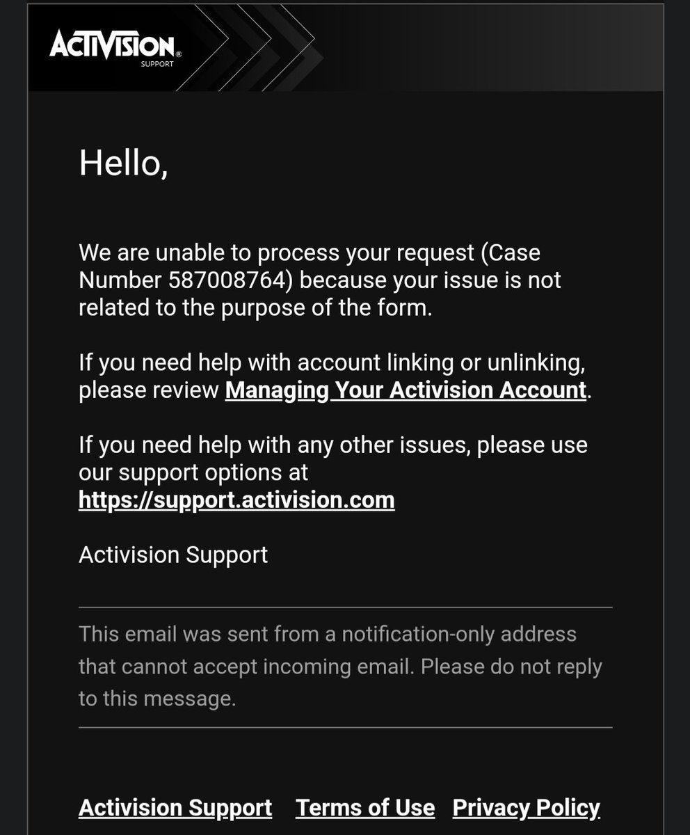 enzofsilva's tweet photo. @ATVIAssist @Activision @ATVI_AB  showing how NOT to do customer support. I submitted a form to recover my hacked account. The right category. They get lazy and send this automated canned NO-REPLY answer instead of routing the rocker properly. https://t.co/3tBMAVETIo