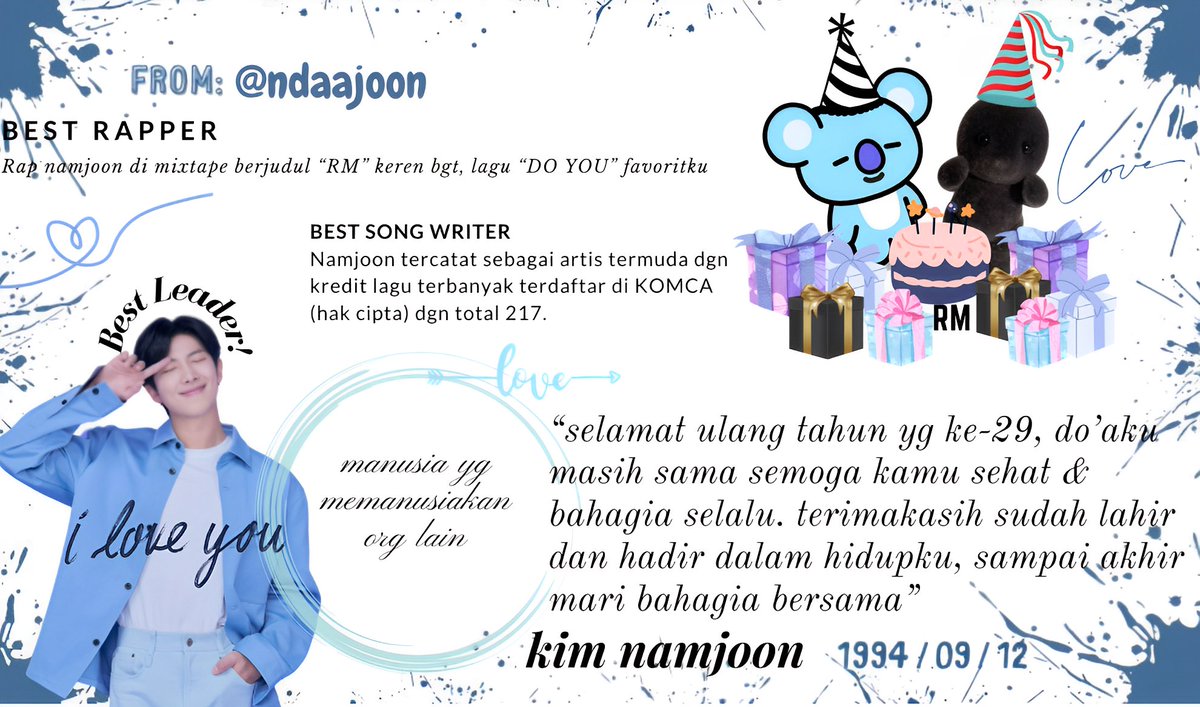 ndaajoon's tweet photo. Sedikit terlambat &jadilah editan seadanya ini, sebenarnya masih ada banyak yg mau di sampaikan tapi satu template gak akan cukup & akupun bingung menyampaikan. Intinya Namjoon ily ๐
@arteamofficial
@NSS_forRM
#DRAWRM
#HAPPYRMDAY
#HAPPYNAMJOONDAY
#HAPPYBIRTHDAYKIMNAMJOON https://t.co/GMJmfPDpiG