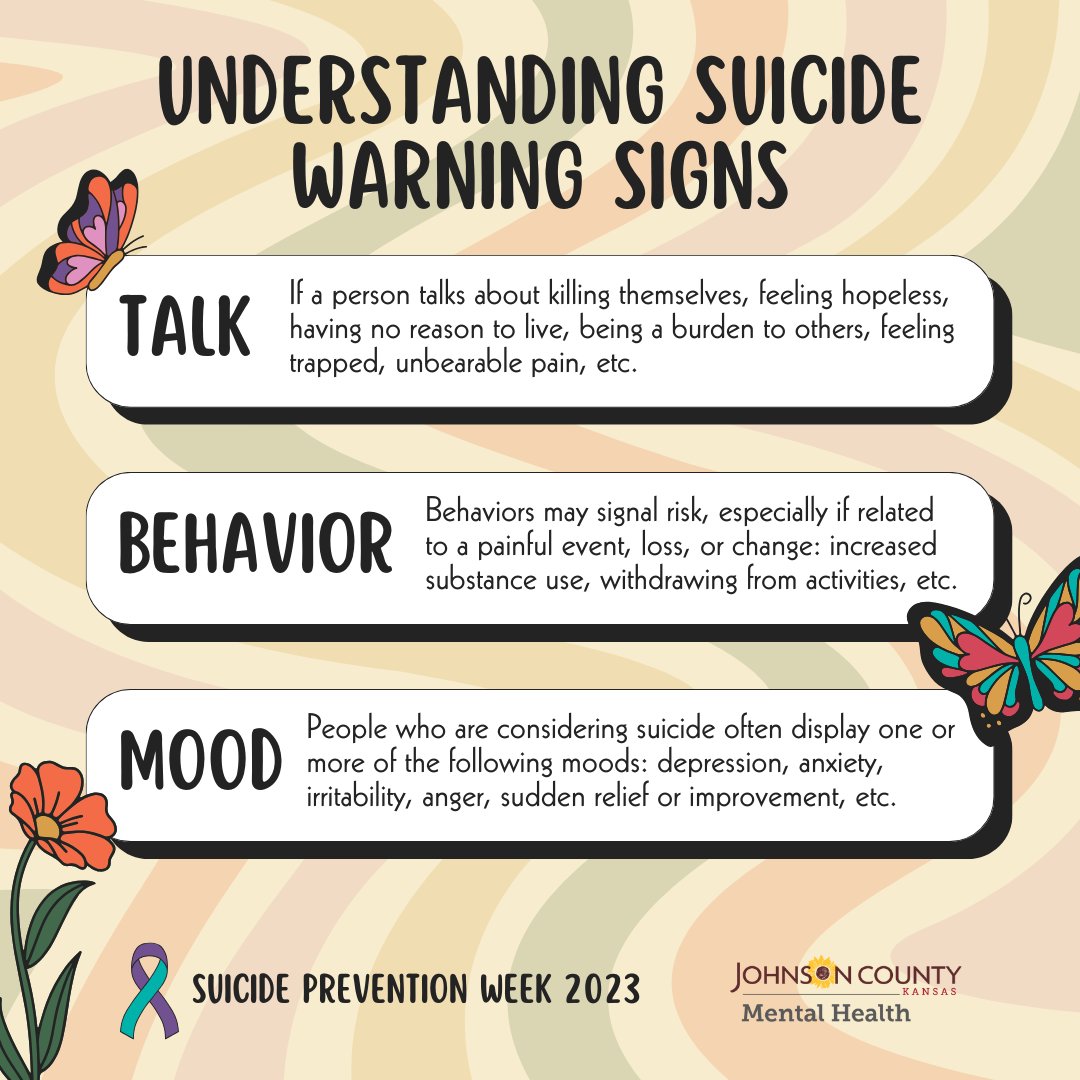 JOCOMNH's tweet photo. While there is no single cause for suicide, there are warning signs to look out for. Learning them can save lives.

If you are concerned about someone, call us 24/7 at 913-268-0156 or call/text 988.

Learn more from @afspnational: https://t.co/koYZX8Z5ka

#SuicidePreventionWeek https://t.co/W999qr0I8R