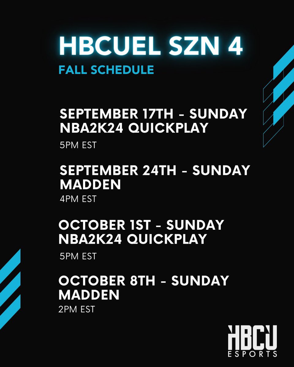 hbcuesportsgg's tweet photo. The HBCUEL Season 4 Broadcast Schedule 🗓️

mark your calendars. https://t.co/sPcLA8jlCW