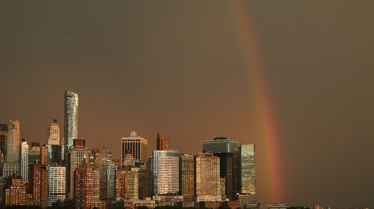 USATODAY's tweet photo. A rainbow was seen in the sky above Lower Manhattan in New York City on the 22th anniversary of the 9/11 terror attacks on Monday, Sept. 11, 2023.

📸: AP Photo/Andres Kudacki https://t.co/tEpDxmpzho