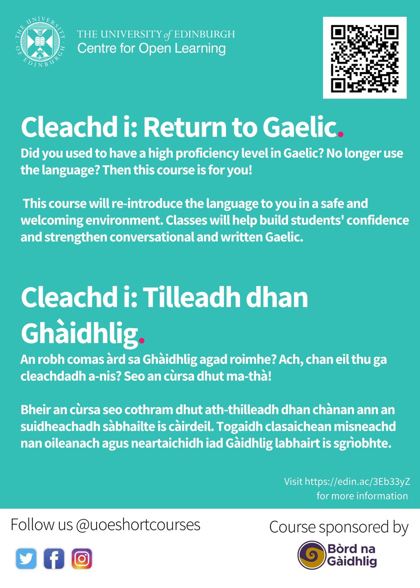 Cùrsa ùr - Cleachd i: Return to GAelic! Sgaoilibh mun cuairt e! New course for heritage/ lapsed speakers! Please share! Sign up here: course-bookings.lifelong.ed.ac.uk/courses/GA/gae…  <a href="/UoEOpenLearning/">University of Edinburgh's Centre for Open Learning</a>