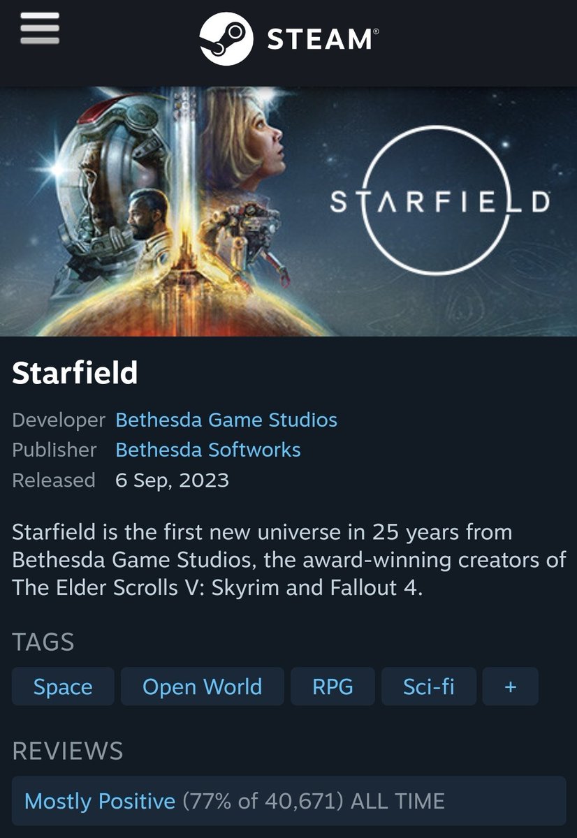 RGamerB_'s tweet photo. Starfield - 77% rated on Steam.
Fallout 76 - 75% rated on Steam.
Starfield - 72.55% rated on SteamDB.
Fallout 76 - 71.74% rated on SteamDB.
Fallout 76 has been out 3 years and a half years longer, Starfield is a disaster with paying PC gamers.
#LoadingSim #Loadfield #Starfail https://t.co/d1lrLhhY1B