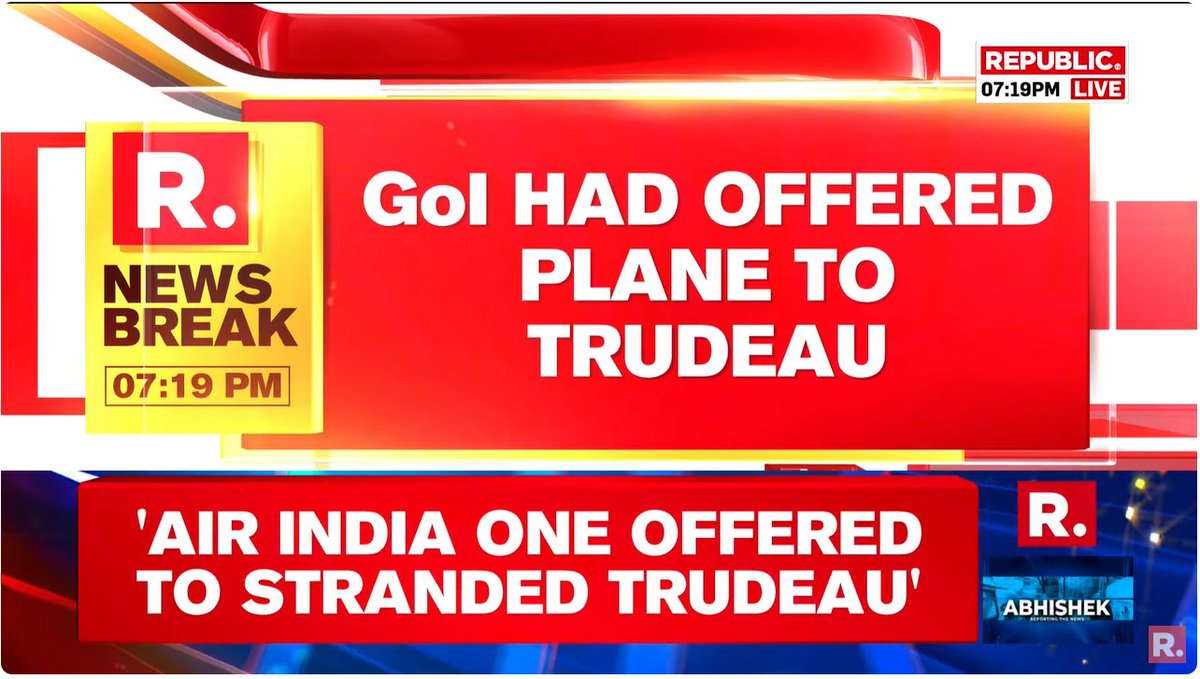 republic's tweet photo. #BREAKING | The government of India had yesterday offered the services of India’s official aircraft Air India One to Canada for the use of the Prime Minister and his delegation so that he could fly back immediately. This offer was made 24 hours before Justin Trudeau’s eventual departure. Canada conveyed regret 6 hours after the offer and said that they will wait for their plane: Sources.

#Canada #CanadaPM #JustinTrudeau #India #CentralGovt 

WATCH #LIVE here-
https://t.co/M2UwHTPYpp