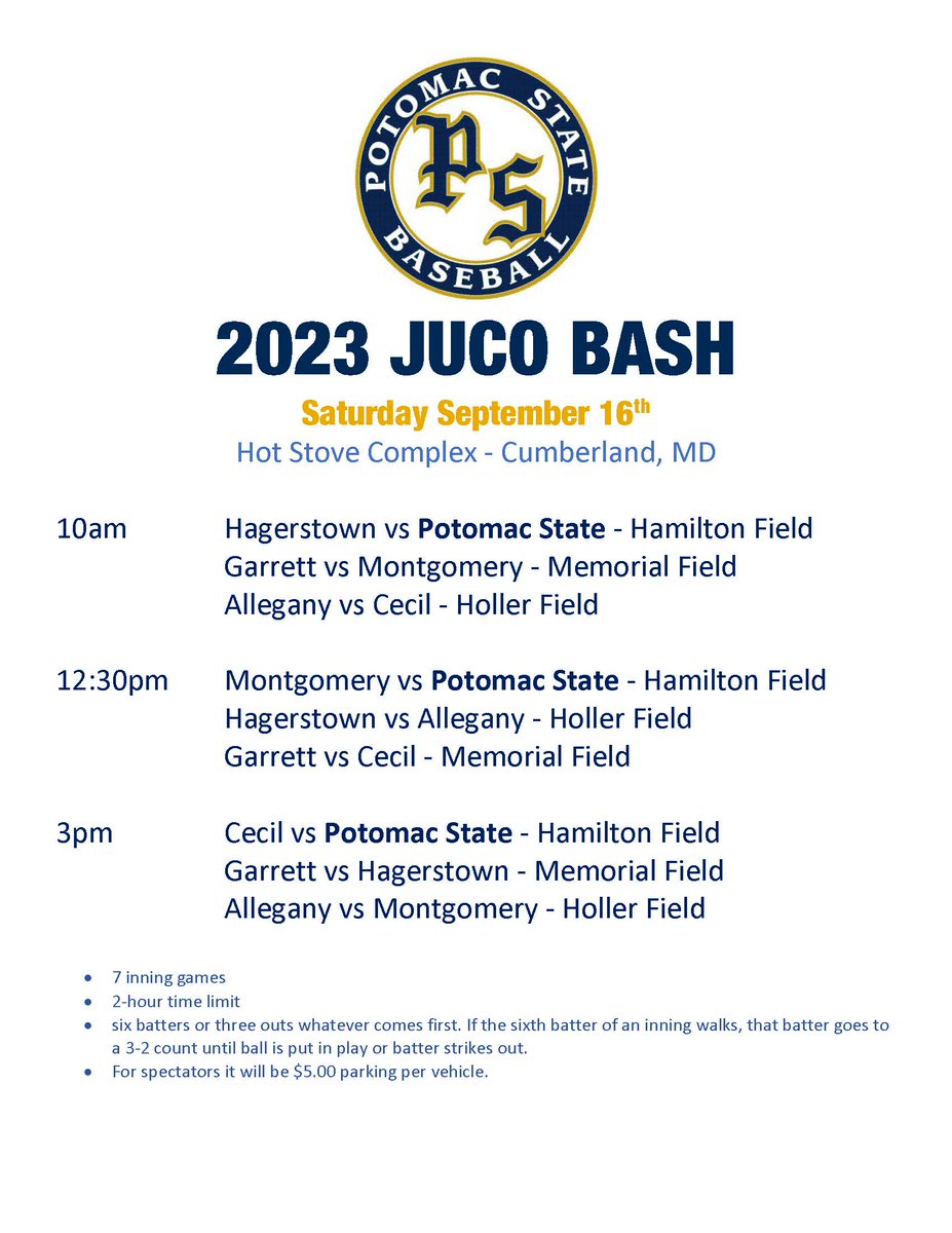On Saturday September 16th <a href="/PotomacStateBB/">Potomac State Baseball</a> will participate in the 2023 JUCO Bash Tournament held at the Allegany County Fairgrounds. <a href="/GarrettLakers/">Garrett Lakers</a> <a href="/HCCathletics/">HCC Hawk Athletics</a> <a href="/ACMtrojans/">ACM Trojans</a> <a href="/MC_Raptors/">MC Raptors</a> <a href="/CecilAthletics/">Cecil College Athletics</a> <a href="/PSCCatamounts/">Potomac State Athletics</a>