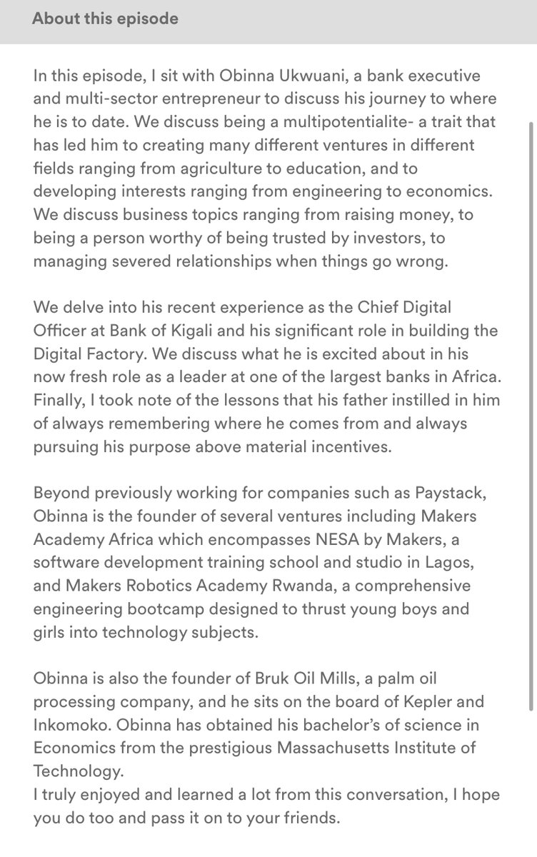 I had an incredible conversation with
<a href="/oukwuani/">Obinna J. Ukwuani</a> on  being a purposeful serial achiever and his journey to being a leader at one of the largest banks in Africa. Such an insightful episode. 
Check it out on:  Apple: apple.co/48eXhdx 
Spotify: bit.ly/44IRSby