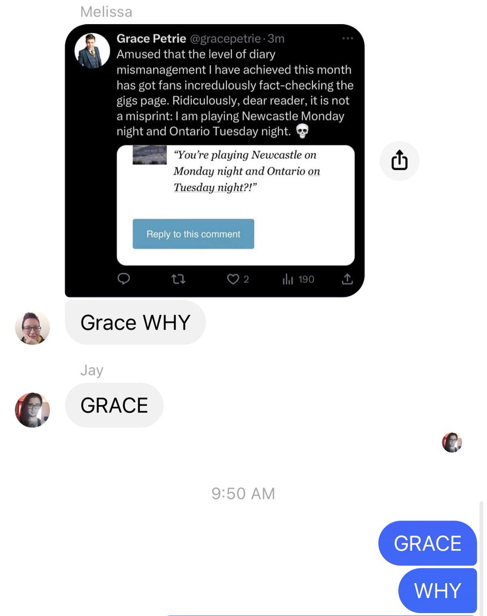 EmsIsFab's tweet photo. @gracepetrie Literally my group chat today. (For context 1 person is in the UK and two of us are in Canada). https://t.co/4JrNh4hC3c