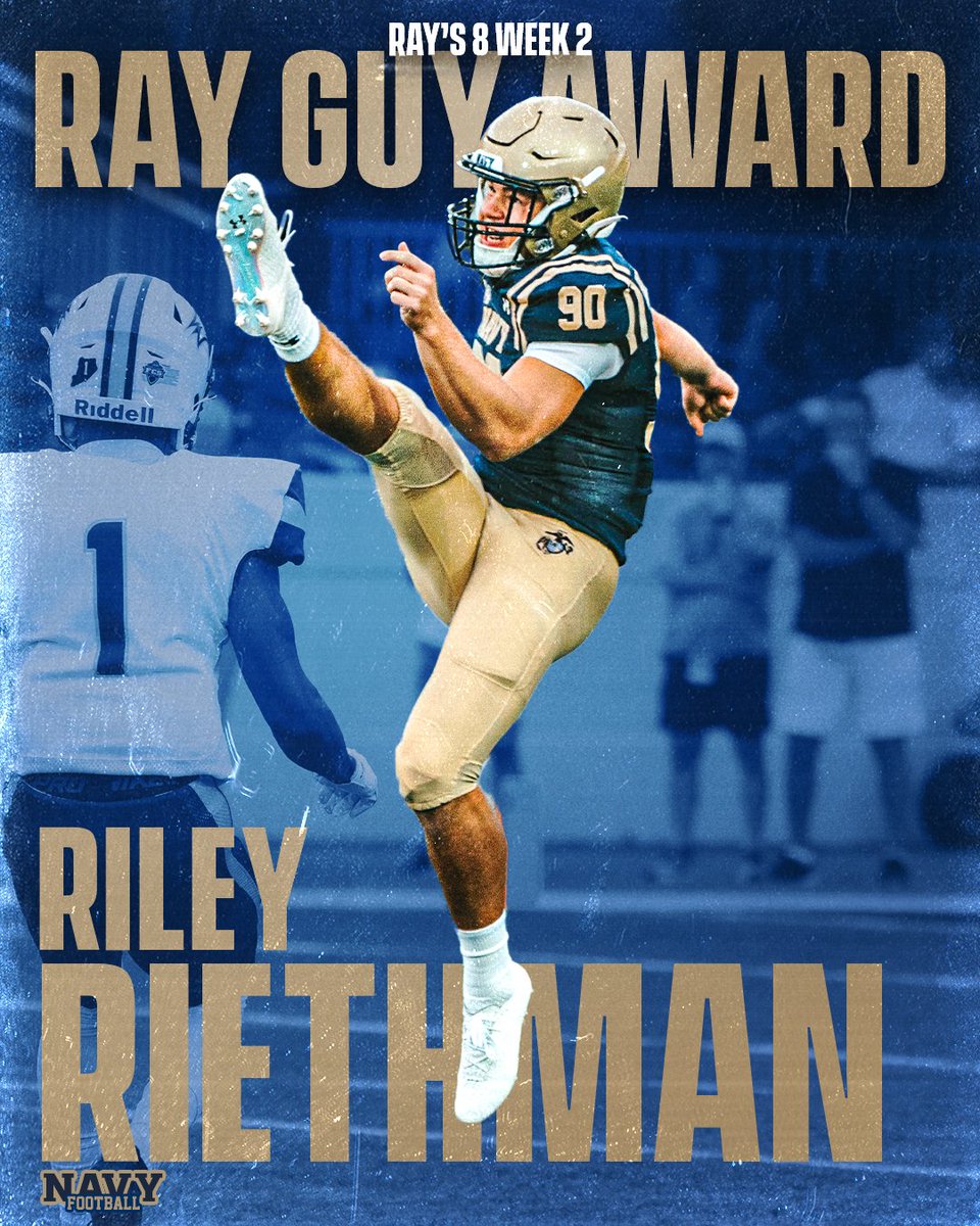 NavyFB's tweet photo. Congrats Riley @rileyriethman on being named to the @RayGuyAward Week 2 Ray's 8 list!
#GoNavy | #RollGoats https://t.co/cJTYSflh9o