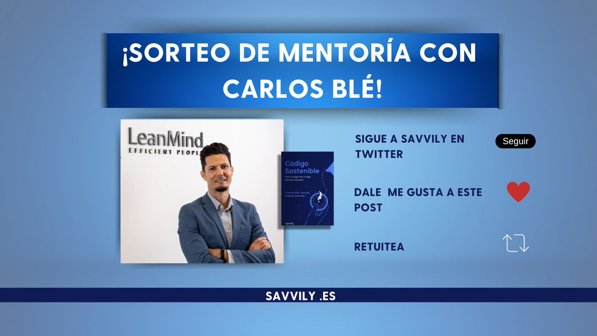 💫¡Empezamos #sorteo!🎊🎉

Sorteamos una mentoría con <a href="/carlosble/">Carlos Blé</a>, autor de #códigosostenible y CEO de <a href="/leanfulness_es/">Lean Mind</a>.

Puede ser #mentoria individual o con tu equipo, ¡tú decides!😉

¡Puedes participara hasta el día 19!⭐️

#developers #SoftwareEngineer #savvilyeditorial