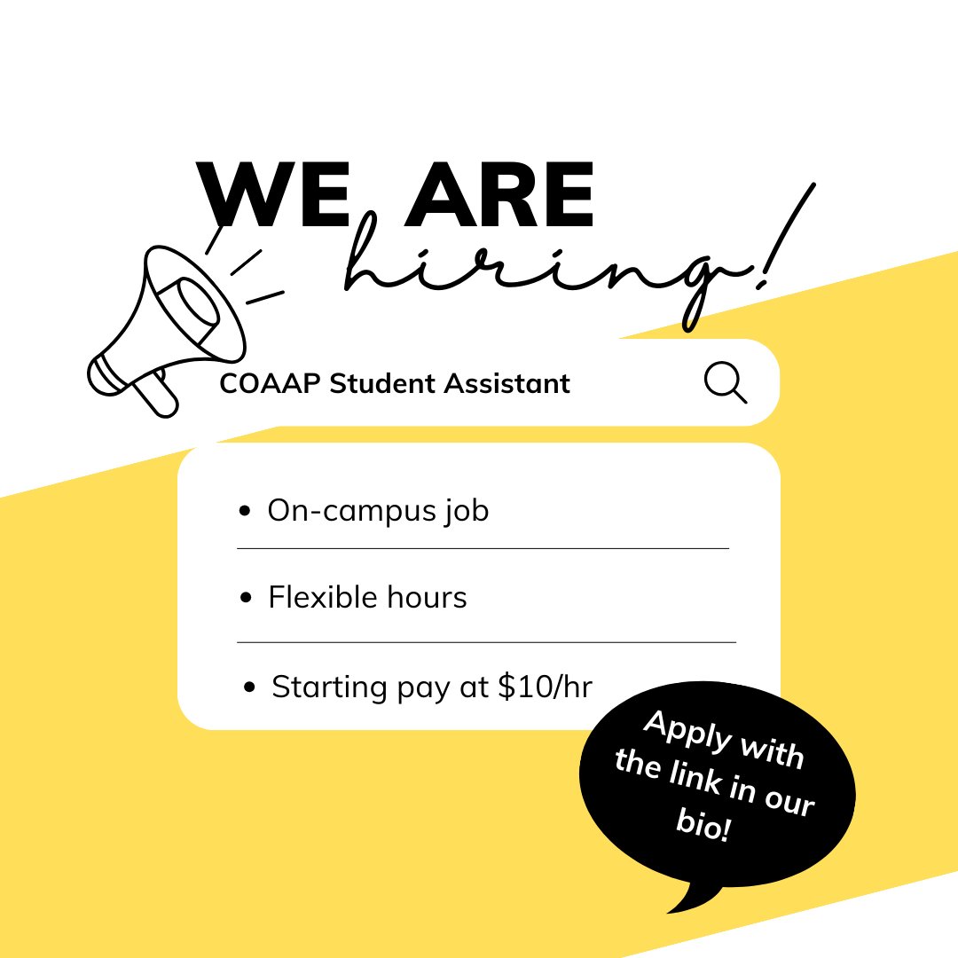 Are you looking for an on-campus job with flexible hours, a fun environment and $10/hr starting pay?!

If so, apply to be a Student Assistant with a complete application that includes a cover letter and resume! Link in our bio to apply today.