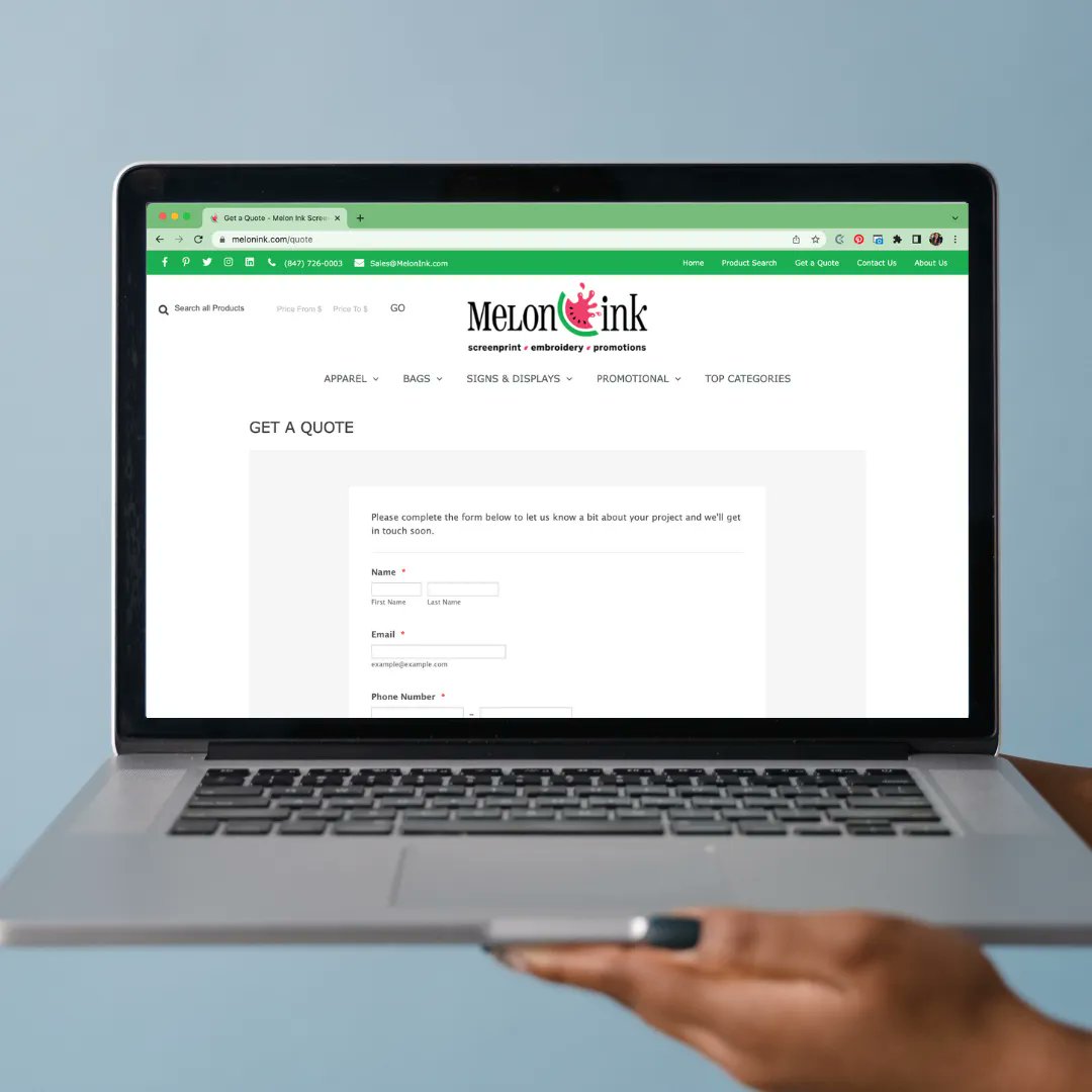MelonInk's tweet photo. Whether you need t-shirts or promo products, requesting a custom quote is quick &amp; easy! Just fill out our online form 👌 https://t.co/VZqcJsKROi https://t.co/yF6kLZE1kv