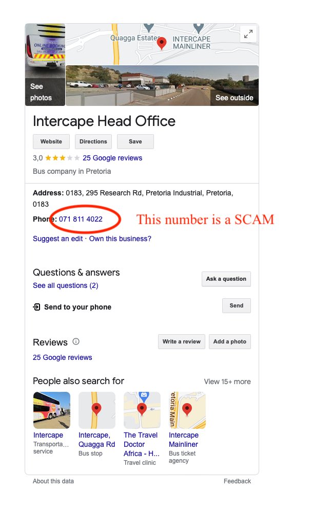 pfesivanzyl's tweet photo. My mother inlaw just got SCAMMED while trying to purchase an @IntercapeBus ticket. Someone changed the booking number on @Google and made her pay R1200 into a @tymebankza account. Please #share with friends n family. https://t.co/nUZvSCoyhn