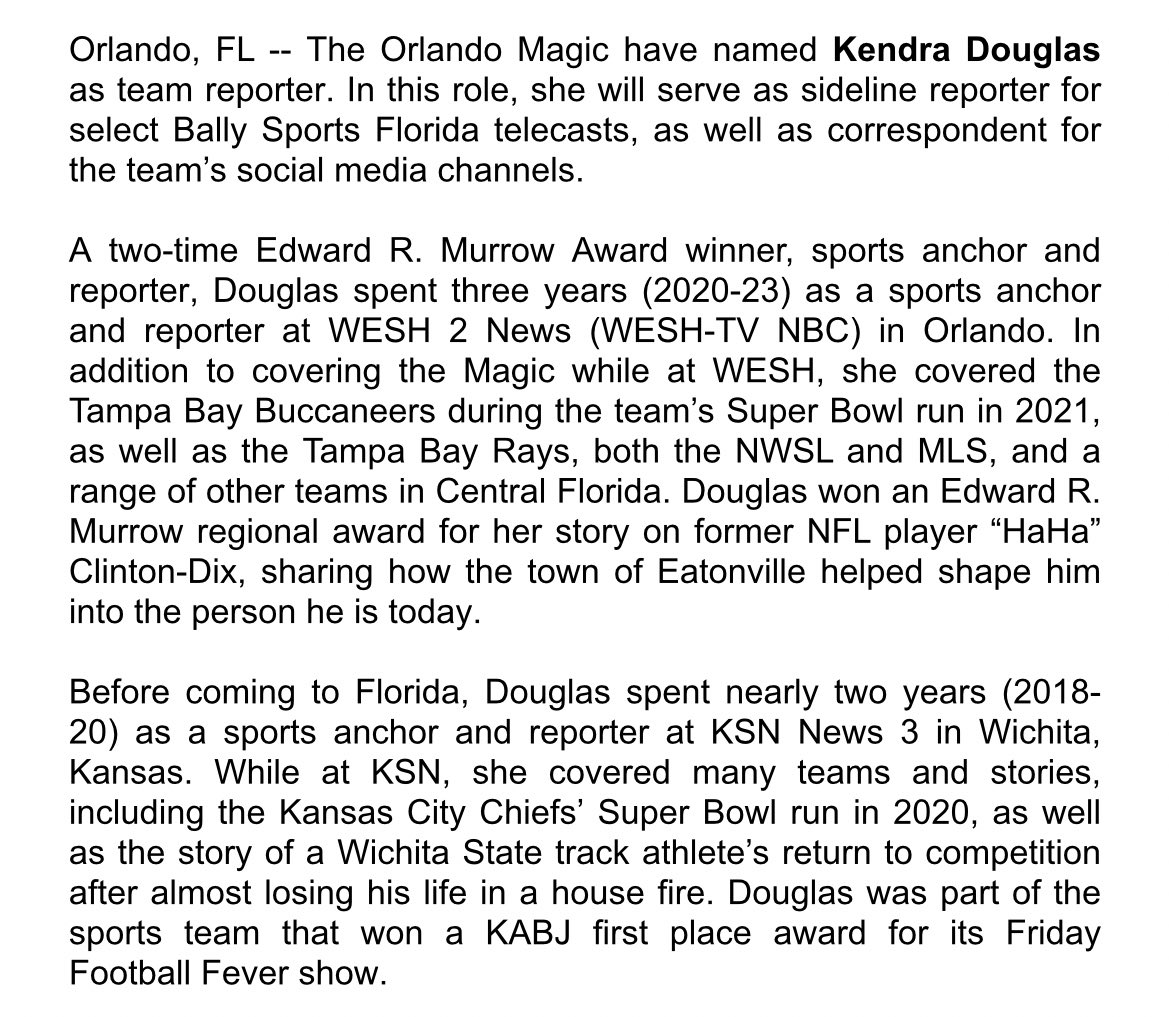 Magic_PR's tweet photo. PRESS RELEASE:
@OrlandoMagic name @Kendra_Melinda team reporter

#MagicTogether https://t.co/NvirRm9Zy2