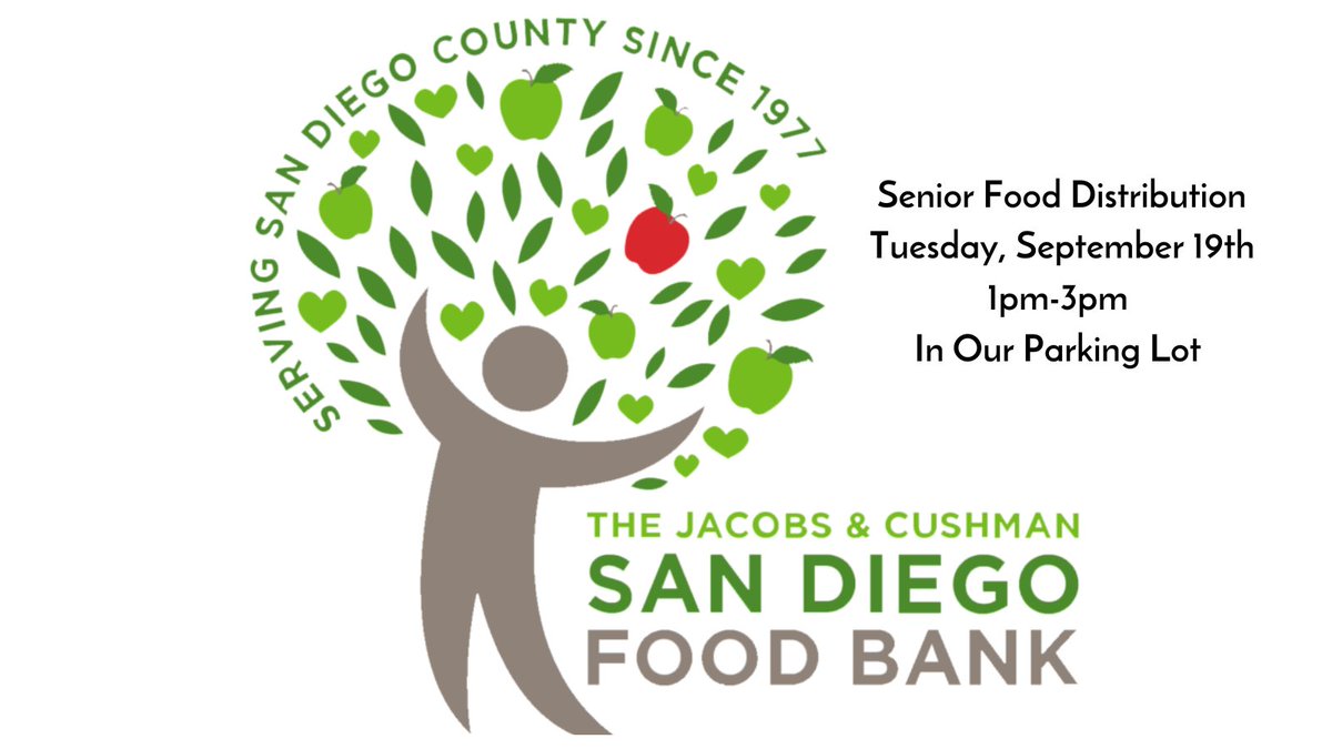 SDUnityCenter's tweet image. The San Diego Food Bank! SEPTEMBER 19TH, TUESDAY, 1-3PM. Food distribution for seniors held every third Tuesday in The Unity Center’s parking lot. Please contact them if you have any questions.