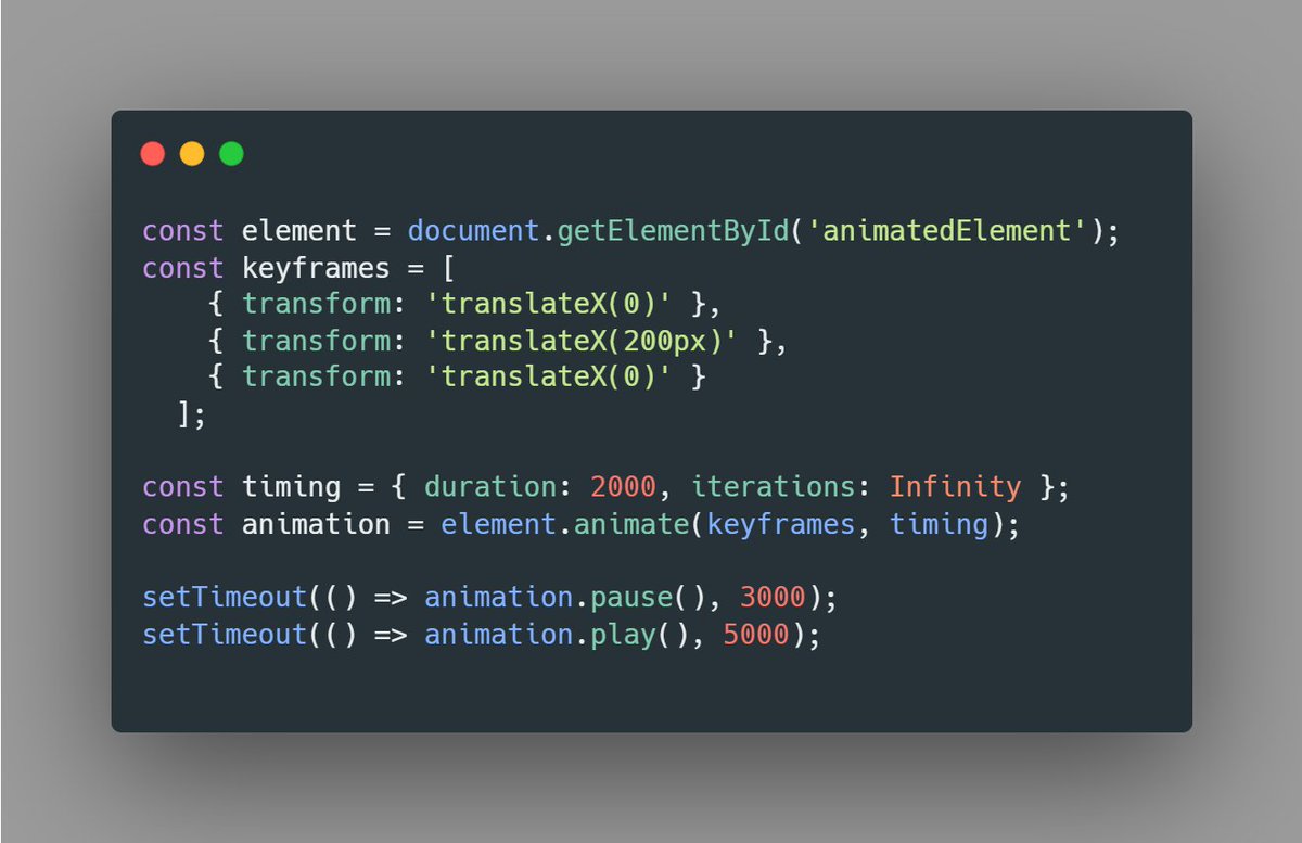 Web Animation API 💡

It is a powerful API that you can use to create a wide variety of animations using JavaScript code. It is supported in all major browsers and is relatively easy to learn.

Syntax: const animation = element.animate();