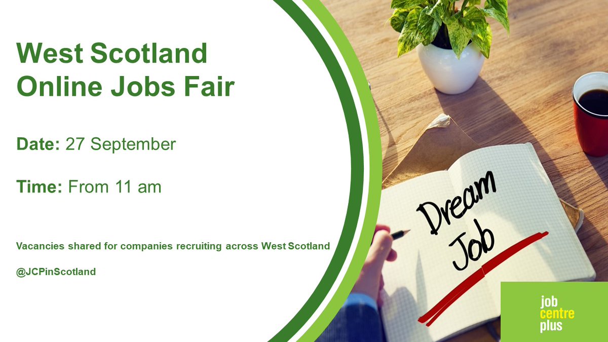 Join our West Scotland Online Jobs Fair on 27 September from 11 am

We will be sharing the latest vacancies from #Employers across #WestScotland

@DYWWEST

#RenfrewshireJobs #InverclydeJobs #ArgyllJobs #DunbartonshireJobs