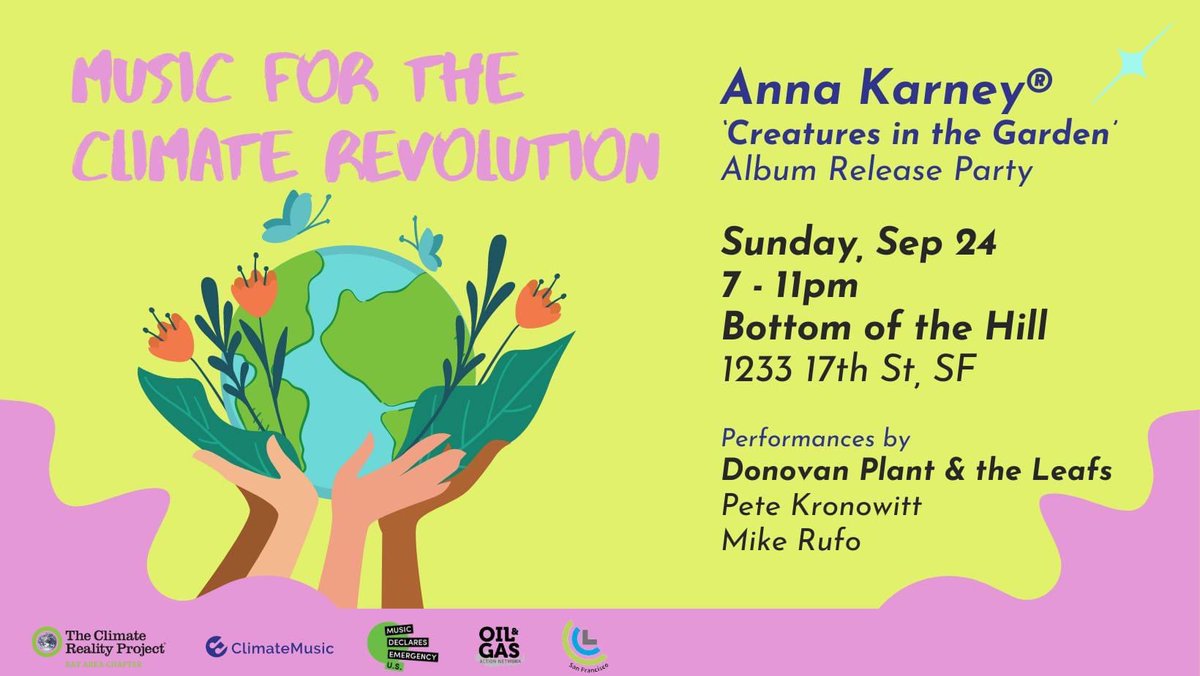 On Sunday Sept 24, Music for the Climate Revolution featuring Anna Karney, Donovan Plant and the Leafs, Pete Kronowitt, Mike Rufo

#TheLeafs #SF #BayAreaMusic #SanFrancisco #ClimateChange #BottomoftheHill #ClimateAction #AnnaKarney #PeteKronowit #MikeRufo