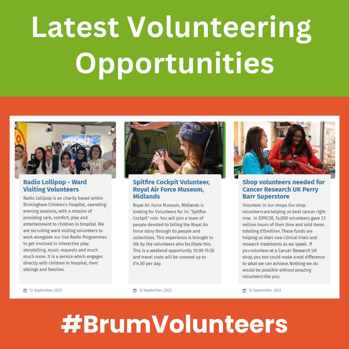 These 3 #volunteering roles posted today demonstrate the wide range and diversity of roles available in and around Brum.

If you're looking to volunteer, check out our online community noticeboard.
bit.ly/3LmiTuC

#BrumVolunteers @radiolollipop @Bham_Childrens @CR_UK