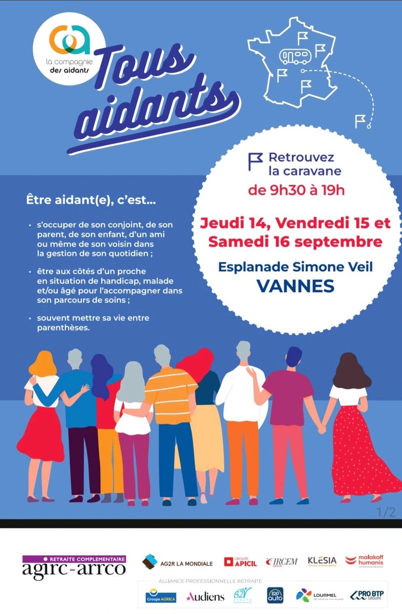 [LA CARAVANE TOUS AIDANTS] de la <a href="/cieAidants/">CompagniedesAidants</a> fait escale à #Vannes ! Le service de répit des #aidants BULLE D'AIR sera présenté par AMPER. 
📅 du 14 au 16 septembre 📍Esplanade Simone Veil