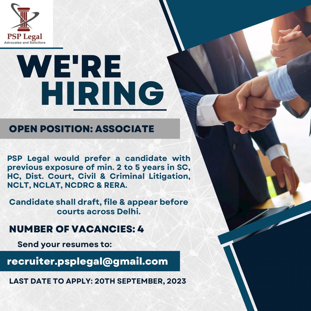 psplegalind's tweet photo. @psplegalind is looking for associates with 2-5 years of experience. Interested candidates may send their resumes to 
recruiter.psplegal@gmail.com

#Recruiting #recruitment #Lawyers #lawtwitter #LegalJobs #delhilawyers https://t.co/FprWKoSfIq