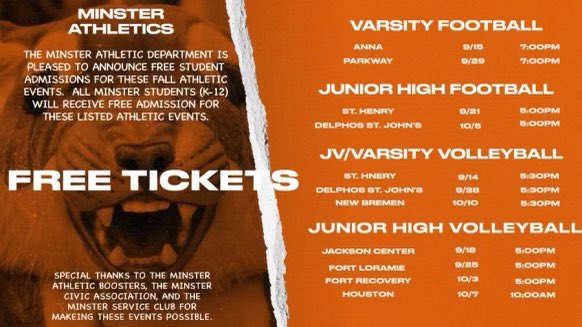 MHS_Ath_Booster's tweet image. Excited to share that all Minster students will get in free to the games below. See you there. Go Cats!
