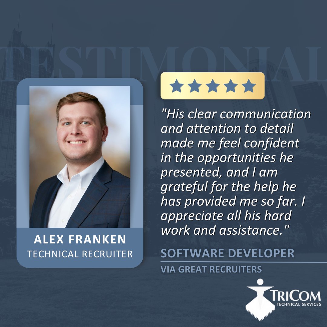 TriComTS's tweet photo. Thrilled to share this incredible testimonial about our skilled Technical Recruiter, Alex! His dedication to clear communication and unwavering attention to detail fosters confidence in the opportunities he presents. https://t.co/VSrKq6SZUO
#Testimonial #ITMattersWhoYouWorkWith https://t.co/ED88QM5aKw