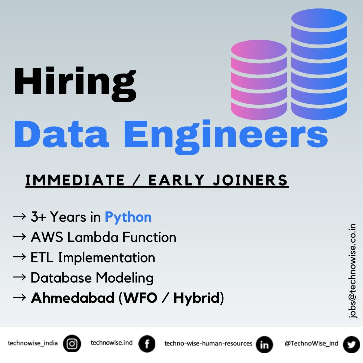 We're hiring 𝗗𝗮𝘁𝗮 𝗘𝗻𝗴𝗶𝗻𝗲𝗲𝗿𝘀 @𝗔𝗵𝗺𝗲𝗱𝗮𝗯𝗮𝗱 𝗹𝗼𝗰𝗮𝘁𝗶𝗼𝗻

→ 3+ Years in Python
→ AWS Lambda Function Expertise
→ ETL Implementation and Data Modeling Skills

#DataEngineer #AWSLambda #Python #ETL #DataModelling

Follow: #TechnoWise_India