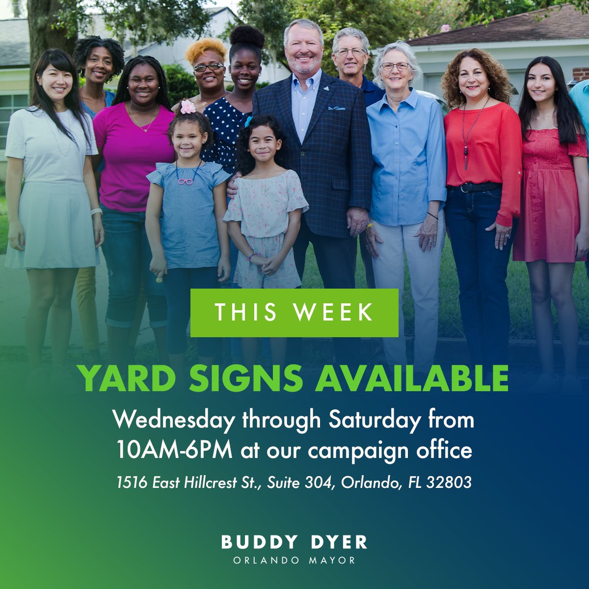 buddyfororlando's tweet photo. Orlando, we’ll be giving away yard signs this week Wednesday through Saturday from 10 AM - 6 PM at our campaign office located at 1516 East Hillcrest St, Suite 304.

Come by to pick up a sign so you can show your support for Team Dyer! https://t.co/2hFlRFX8DD