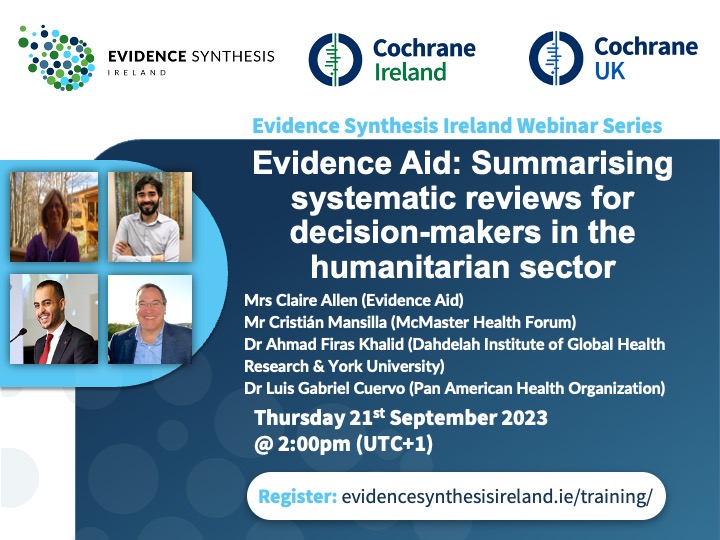 COVID-END (@covid_e_n_d) on Twitter photo Join <a href="/Cristian_mansil/">CristiƔn Mansilla</a> <a href="/Ahmadfiraskhali/">Firas Khalid</a>, Claire Allen and Luis Gabriel Cuervo on Sept. 21 to learn about summarising #SystematicReviews for decision-makers in the humanitarian sector. Register now ow.ly/Z4bz50Ox2EP <a href="/EvidenceAid/">Evidence Aid</a> <a href="/EvidSynIRL/">Evidence Synthesis Ireland</a> <a href="/CochraneIreland/">Cochrane Ireland</a> @CochraneUK Join <a href="/Cristian_mansil/">CristiƔn Mansilla</a> <a href="/Ahmadfiraskhali/">Firas Khalid</a>, Claire Allen and Luis Gabriel Cuervo on Sept. 21 to learn about summarising #SystematicReviews for decision-makers in the humanitarian sector. Register now ow.ly/Z4bz50Ox2EP <a href="/EvidenceAid/">Evidence Aid</a> <a href="/EvidSynIRL/">Evidence Synthesis Ireland</a> <a href="/CochraneIreland/">Cochrane Ireland</a> @CochraneUK