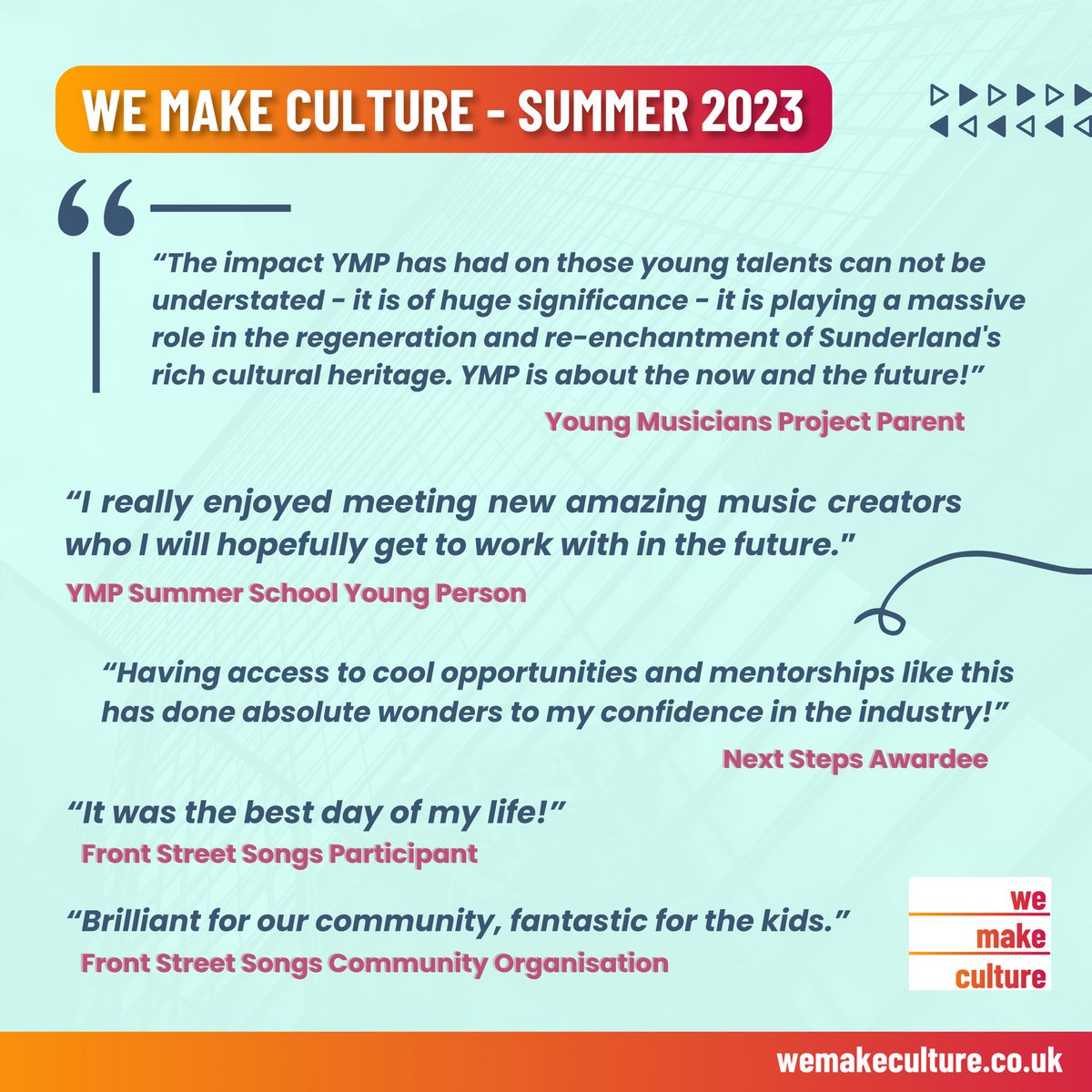 we_make_culture's tweet photo. We had a very busy Summer this year at We Make Culture 🎊— filled with wonderful projects, workshops &amp; events delivered all over Sunderland. Let’s take a look at the Impact Statement we prepared to share with you 💕

@YouthMusic @SunderlandUK @PRSFoundation @TNLComFund https://t.co/auQWH5ZNYZ