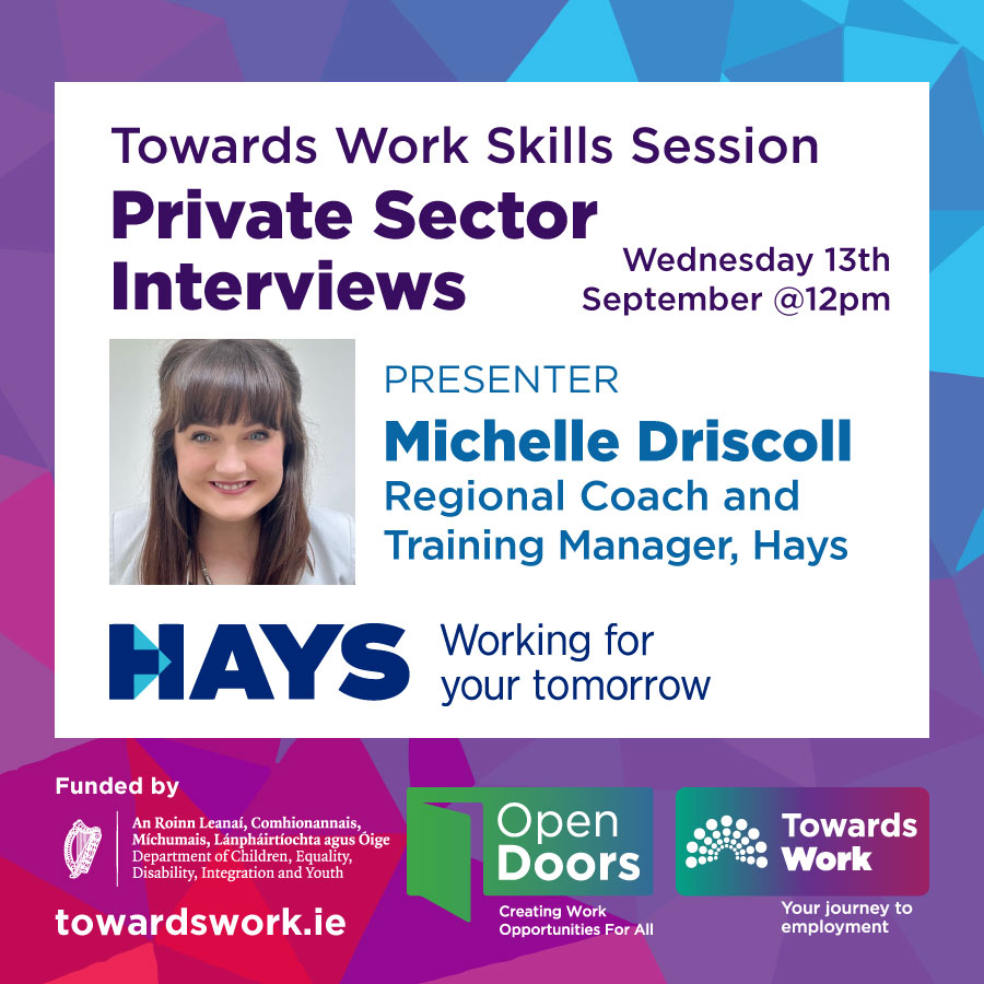 Join us tomorrow to hear from Michelle Driscoll who shares her skills as Regional Coach and Training Manager at @HaysIreland to share valuable tips about interview skills in the private sector. Still time to register: events.teams.microsoft.com/event/034b3a50… towardswork.ie/private-sector…